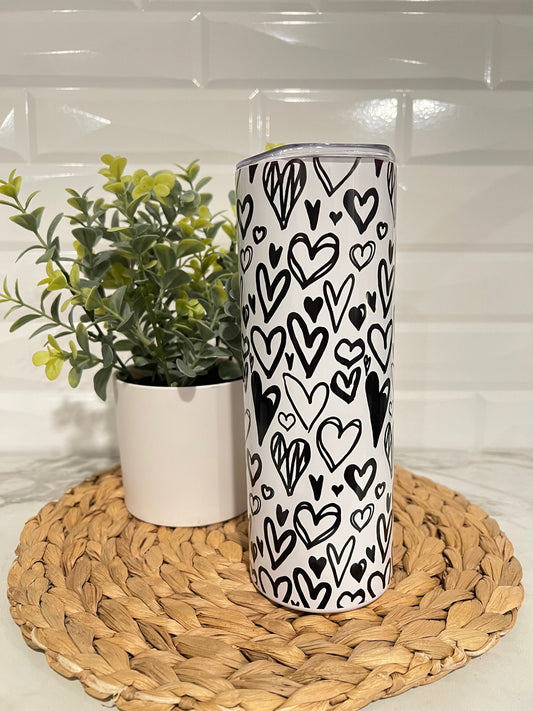 20oz Skinny Tumbler - Black and White Heart Pattern