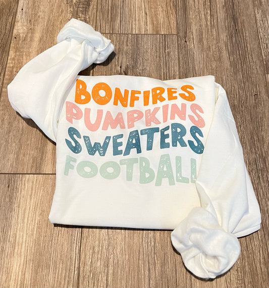 Sweatshirt - Bonfires, Pumpkins, Sweaters, Football in White